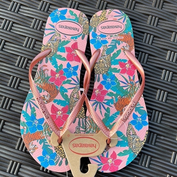 Havaianas, pink jungle design with rose gold straps and logo, new - Picture 2 of 6